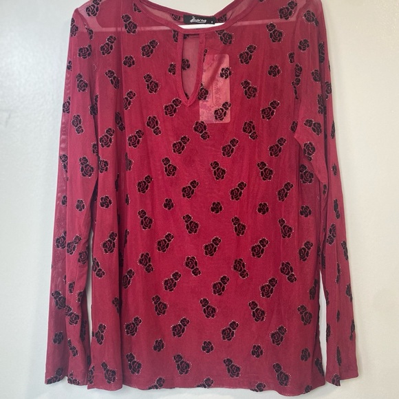 Forever 21 Tops - Dark Red Sheer Mesh Blck Floral Rhinestone Long Sleeve Top Y2K Vintage Small‎